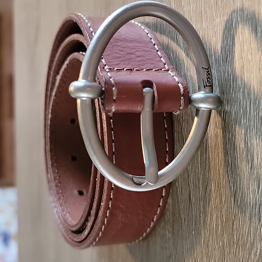 Fossil Brown Leather Belt with Silver Buckle Size Medium